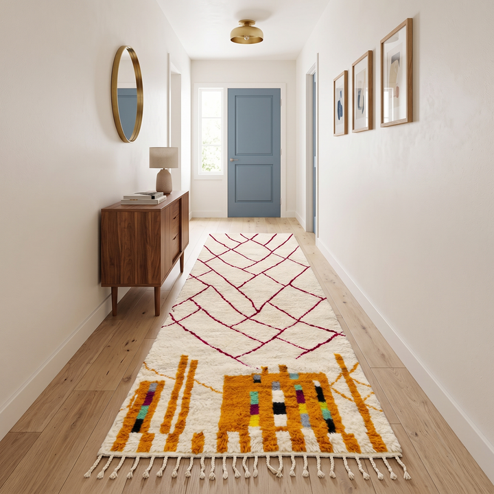 Handmade abstract Moroccan runner rug in white wool with flowing red line design, woven by Berber artisans.