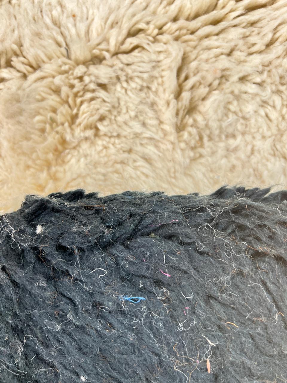 Abstract handmade Moroccan runner rug in white wool with navy blue and orange geometric shapes