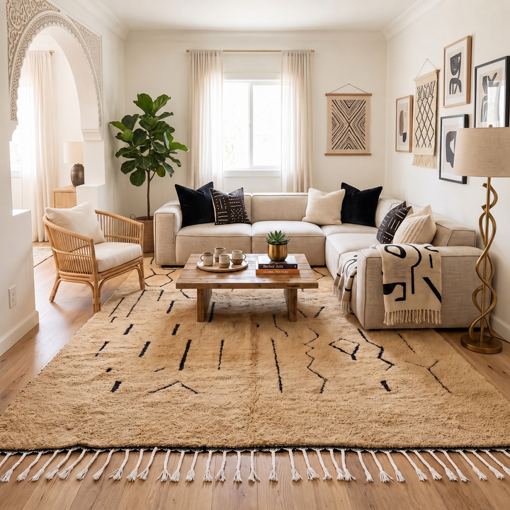 Handmade beige Moroccan wool rug with black abstract Berber symbols and white tassels
