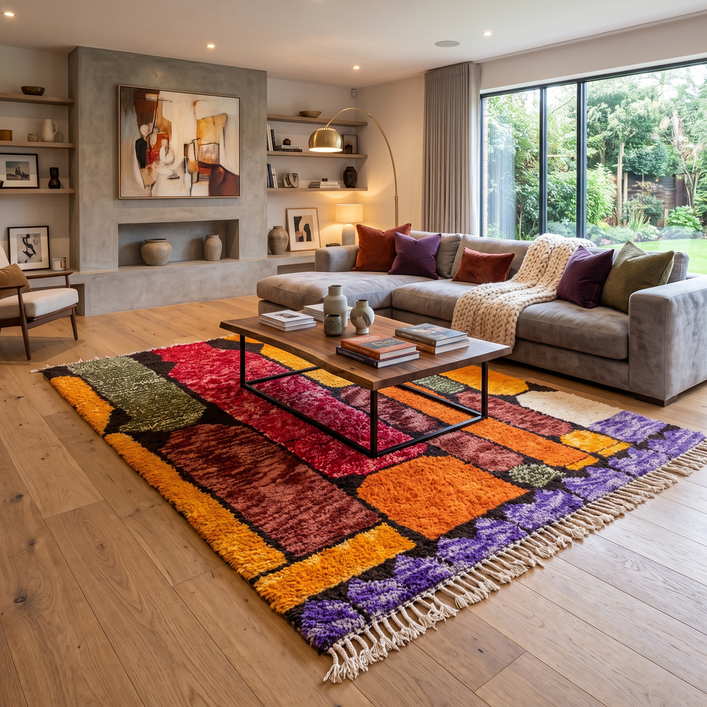 Abstract color block Moroccan wool rug with bold orange, red, green, and purple geometric design
