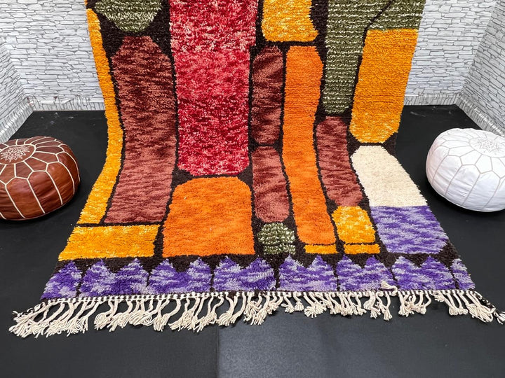 Abstract color block Moroccan wool rug with bold orange, red, green, and purple geometric design