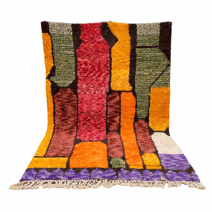Abstract color block Moroccan wool rug with bold orange, red, green, and purple geometric design