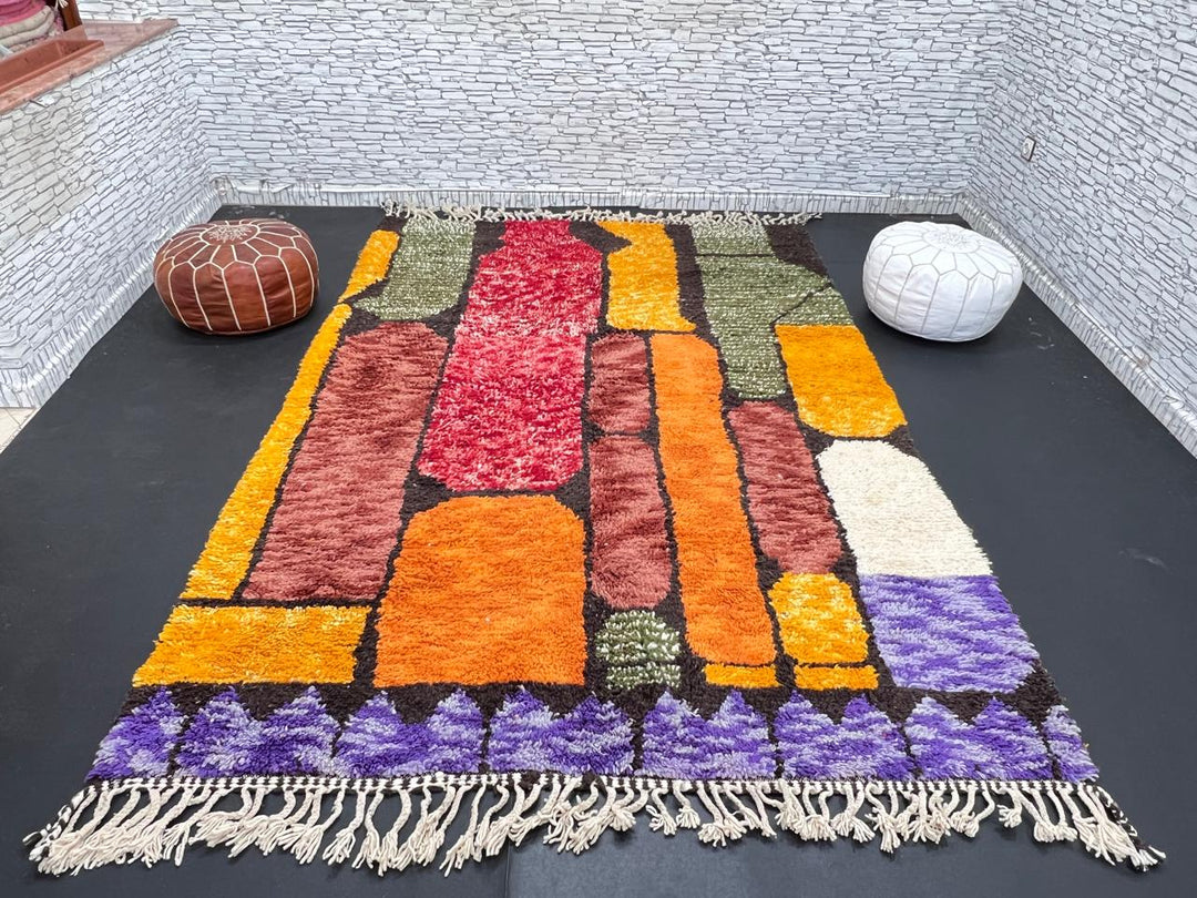 Abstract color block Moroccan wool rug with bold orange, red, green, and purple geometric design