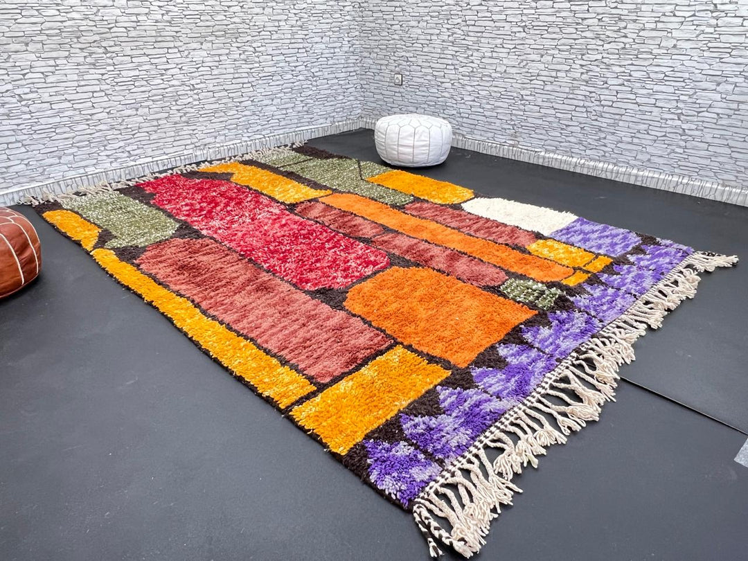 Abstract color block Moroccan wool rug with bold orange, red, green, and purple geometric design