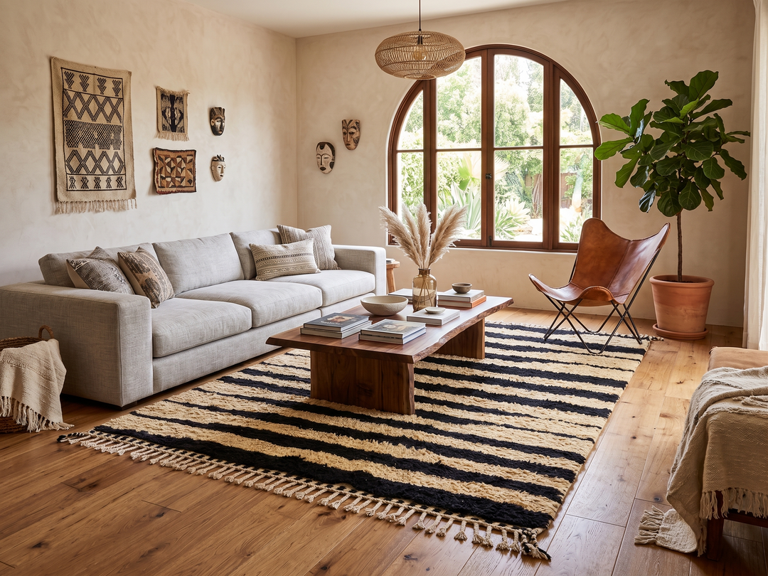 Abstract Moroccan wool rug in beige with black line pattern, handwoven by Berber artisans. Perfect as a contemporary area rug.