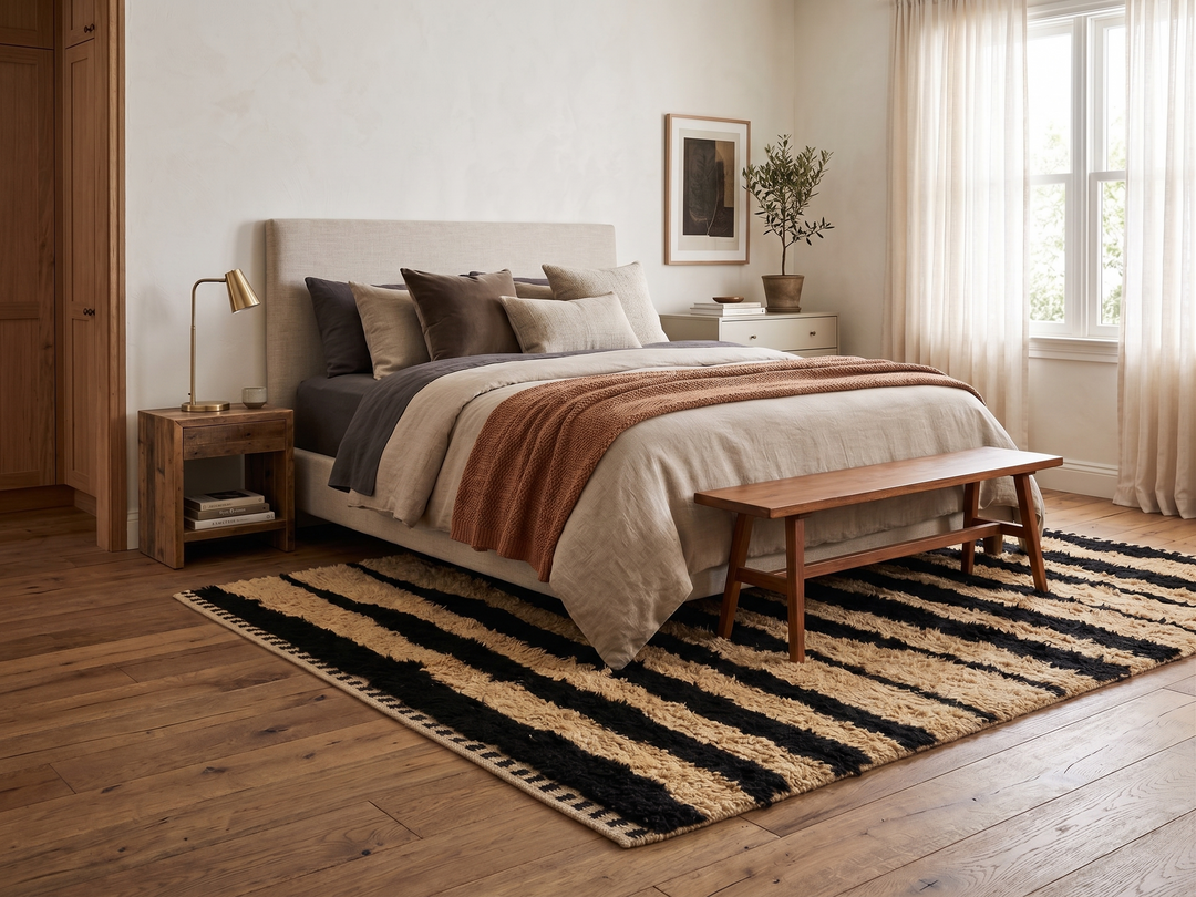 Abstract Moroccan wool rug in beige with black line pattern, handwoven by Berber artisans. Perfect as a contemporary area rug.