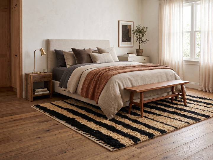 Abstract Moroccan wool rug in beige with black line pattern, handwoven by Berber artisans. Perfect as a contemporary area rug.