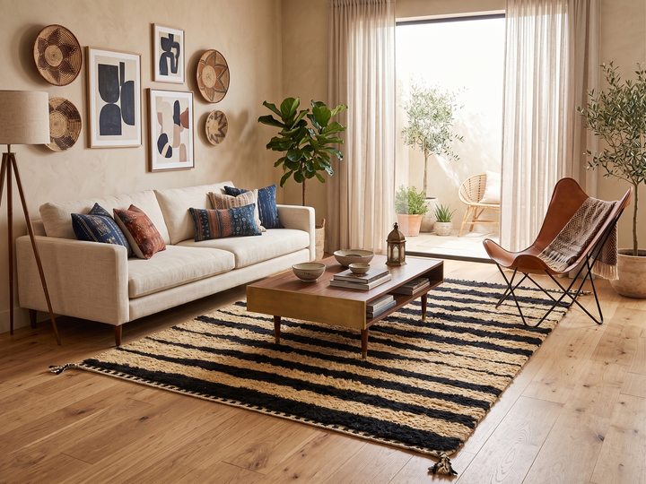 Abstract Moroccan wool rug in beige with black line pattern, handwoven by Berber artisans. Perfect as a contemporary area rug.