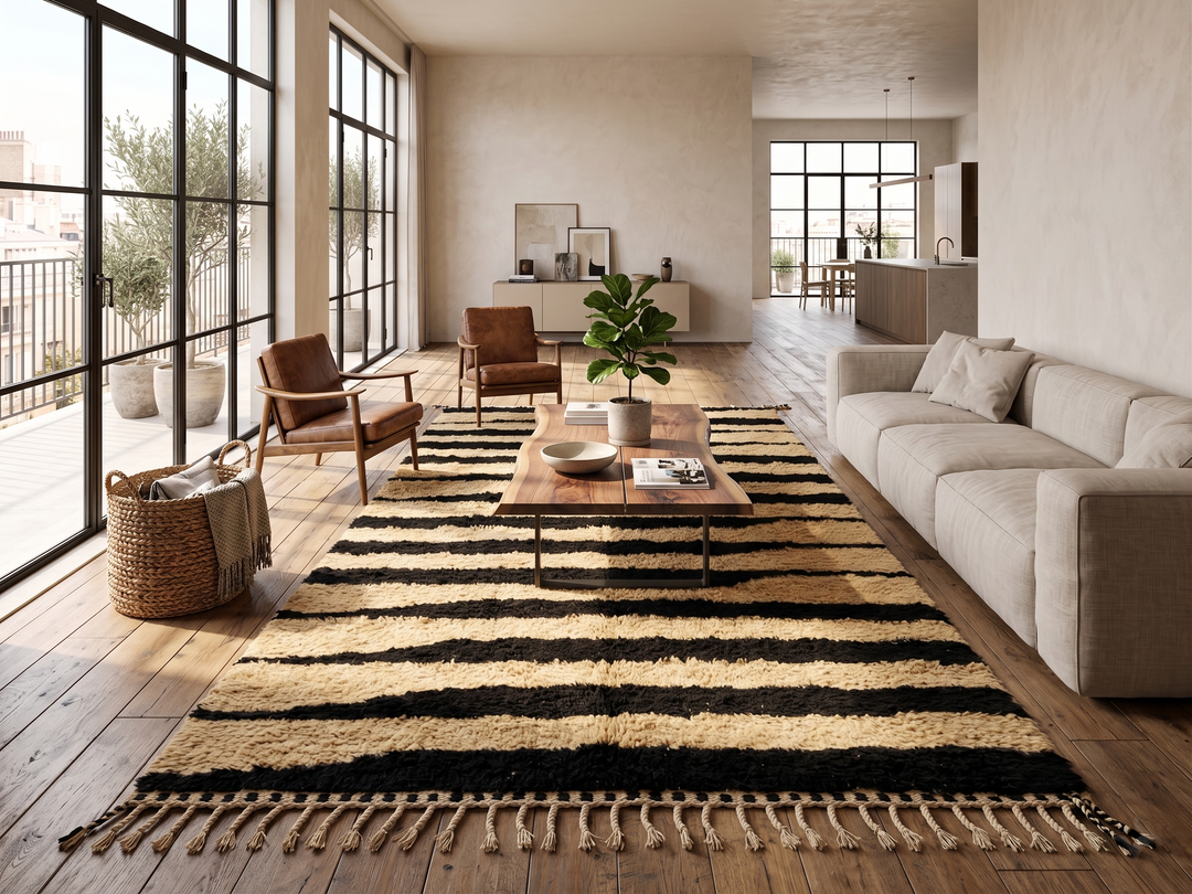 Abstract Moroccan wool rug in beige with black line pattern, handwoven by Berber artisans. Perfect as a contemporary area rug.