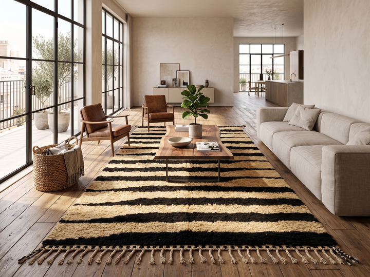 Abstract Moroccan wool rug in beige with black line pattern, handwoven by Berber artisans. Perfect as a contemporary area rug.
