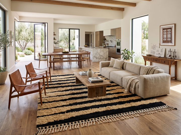 Abstract Moroccan wool rug in beige with black line pattern, handwoven by Berber artisans. Perfect as a contemporary area rug.