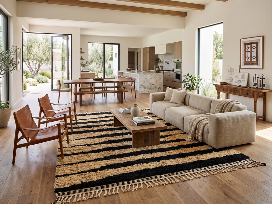 Abstract Moroccan wool rug in beige with black line pattern, handwoven by Berber artisans. Perfect as a contemporary area rug.
