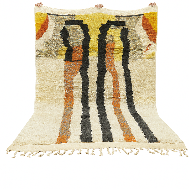 Handmade ivory Moroccan wool rug with orange, black, yellow, and gray abstract stripe patterns – modern Berber rug