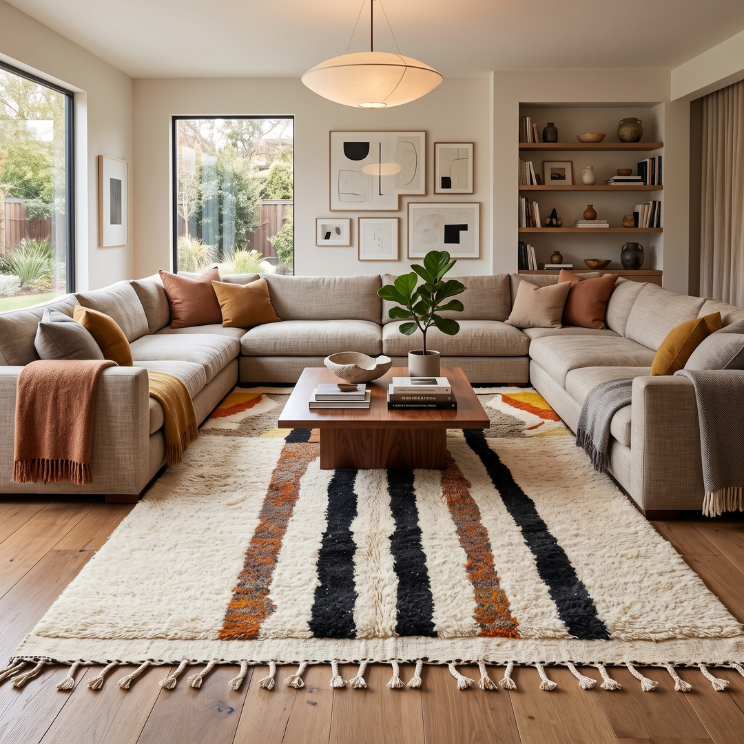 Handmade ivory Moroccan wool rug with orange, black, yellow, and gray abstract stripe patterns – modern Berber rug