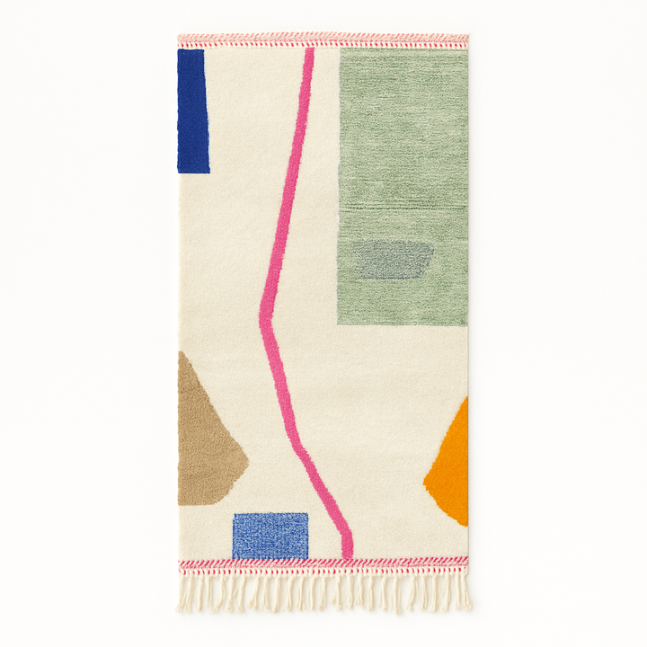 Handmade abstract Moroccan wool runner rug with cream base, pink line, blue shapes, green and mustard geometric accents.