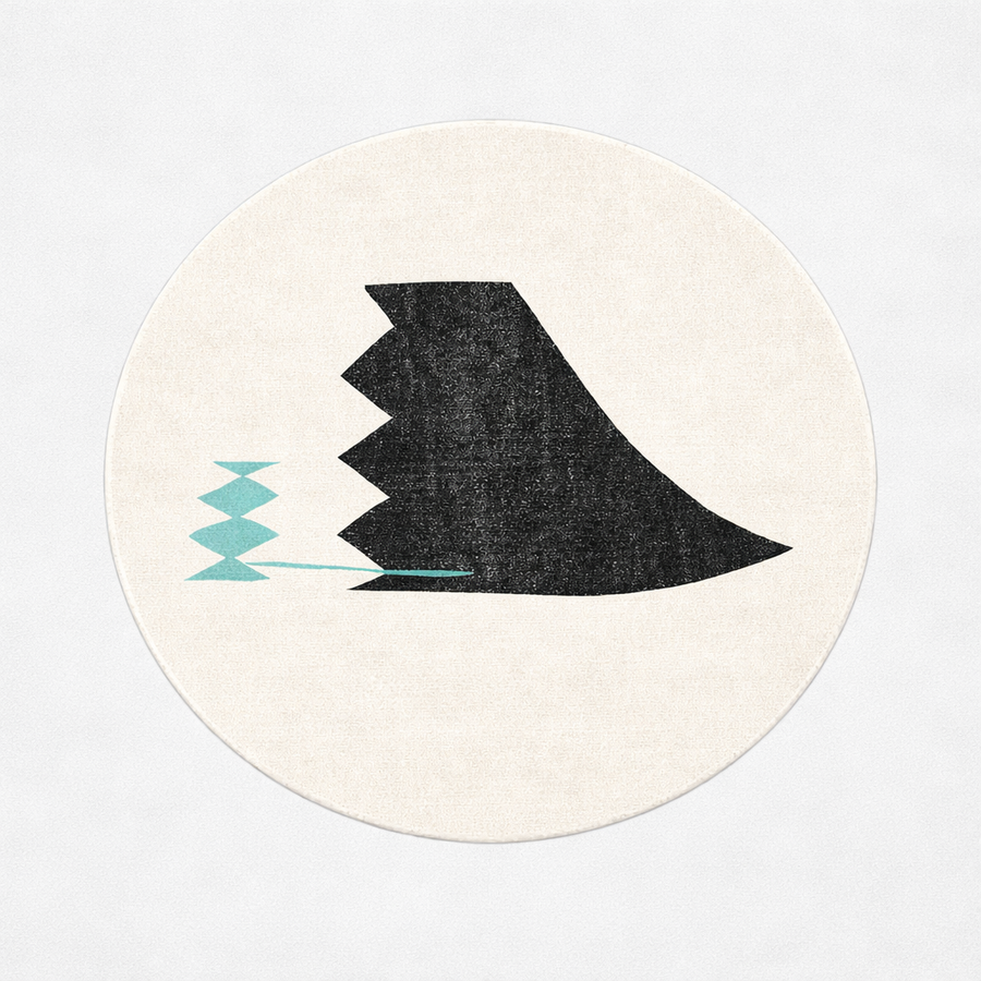 Abstract round Moroccan kilim rug with flatweave wool design in white, black, and teal.