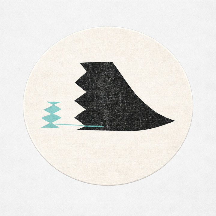 Abstract round Moroccan kilim rug with flatweave wool design in white, black, and teal.