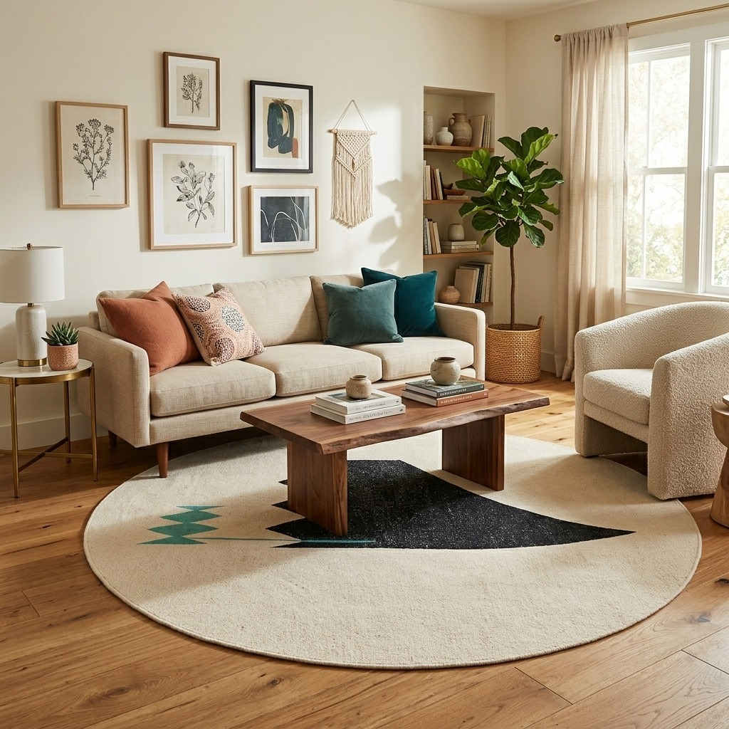Abstract round Moroccan kilim rug with flatweave wool design in white, black, and teal.