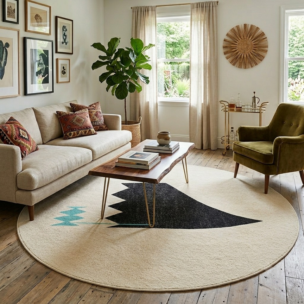 Abstract round Moroccan kilim rug with flatweave wool design in white, black, and teal.