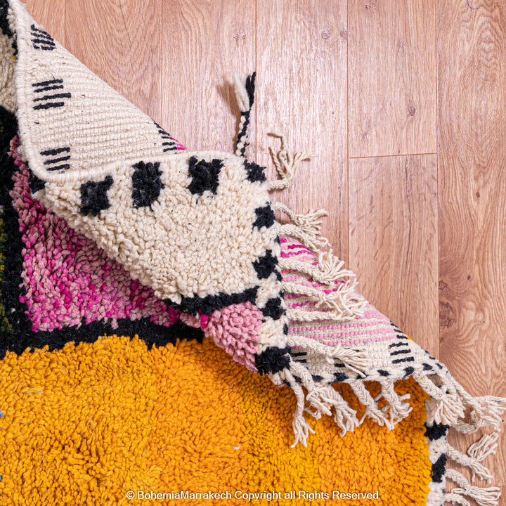 Handmade multicolored Moroccan Boujaad rug with geometric patchwork in wool