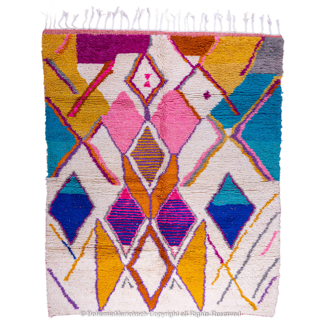 Multicolored Moroccan Boujaad Rug handmade with wool, featuring vibrant pink, yellow, and blue Berber patterns.