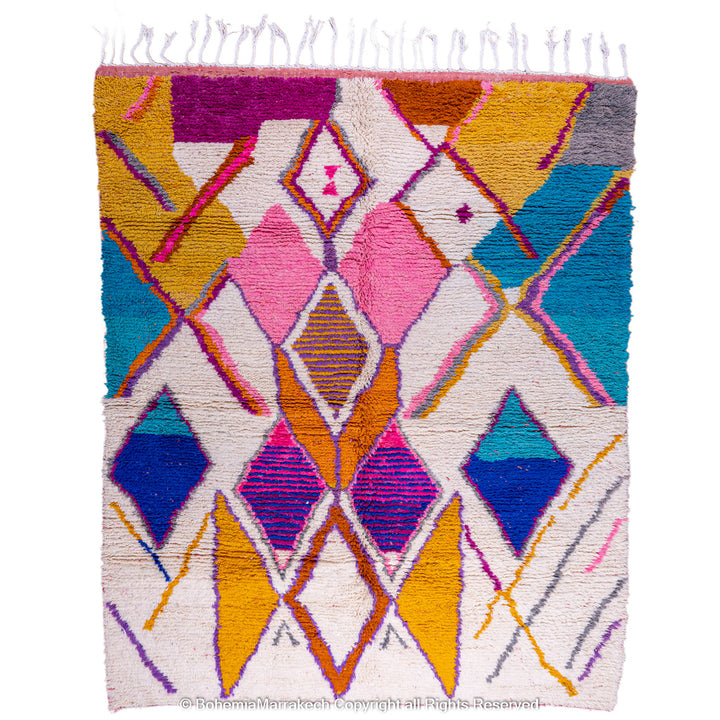 Multicolored Moroccan Boujaad Rug handmade with wool, featuring vibrant pink, yellow, and blue Berber patterns.