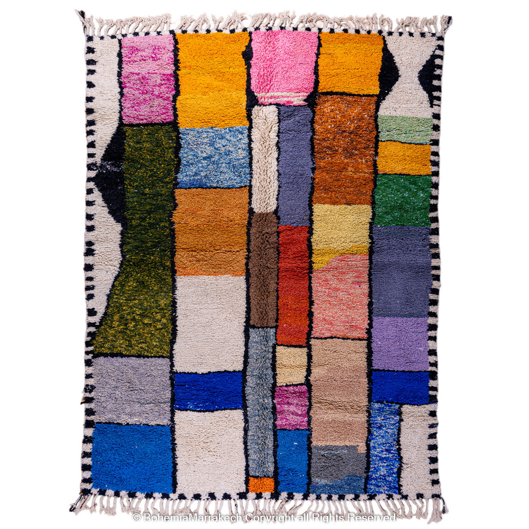 Handmade multicolored Moroccan Boujaad rug with geometric patchwork in wool