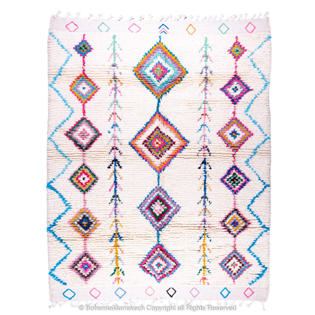 Colorful handmade Boujaad Moroccan rug with traditional Berber diamond patterns on a cream wool background