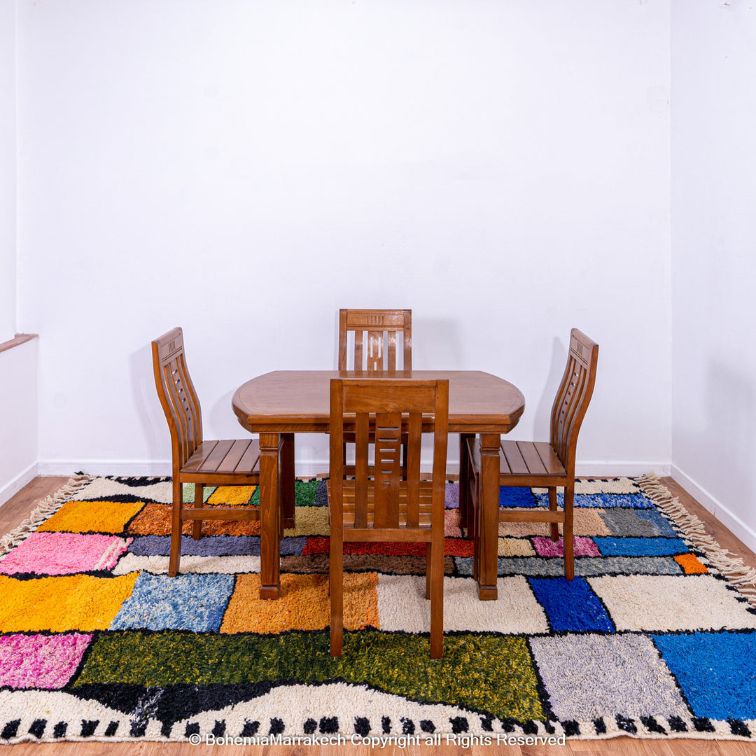 Handmade multicolored Moroccan Boujaad rug with geometric patchwork in wool