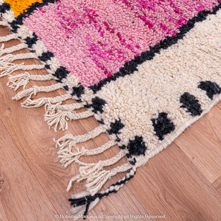 Handmade multicolored Moroccan Boujaad rug with geometric patchwork in wool