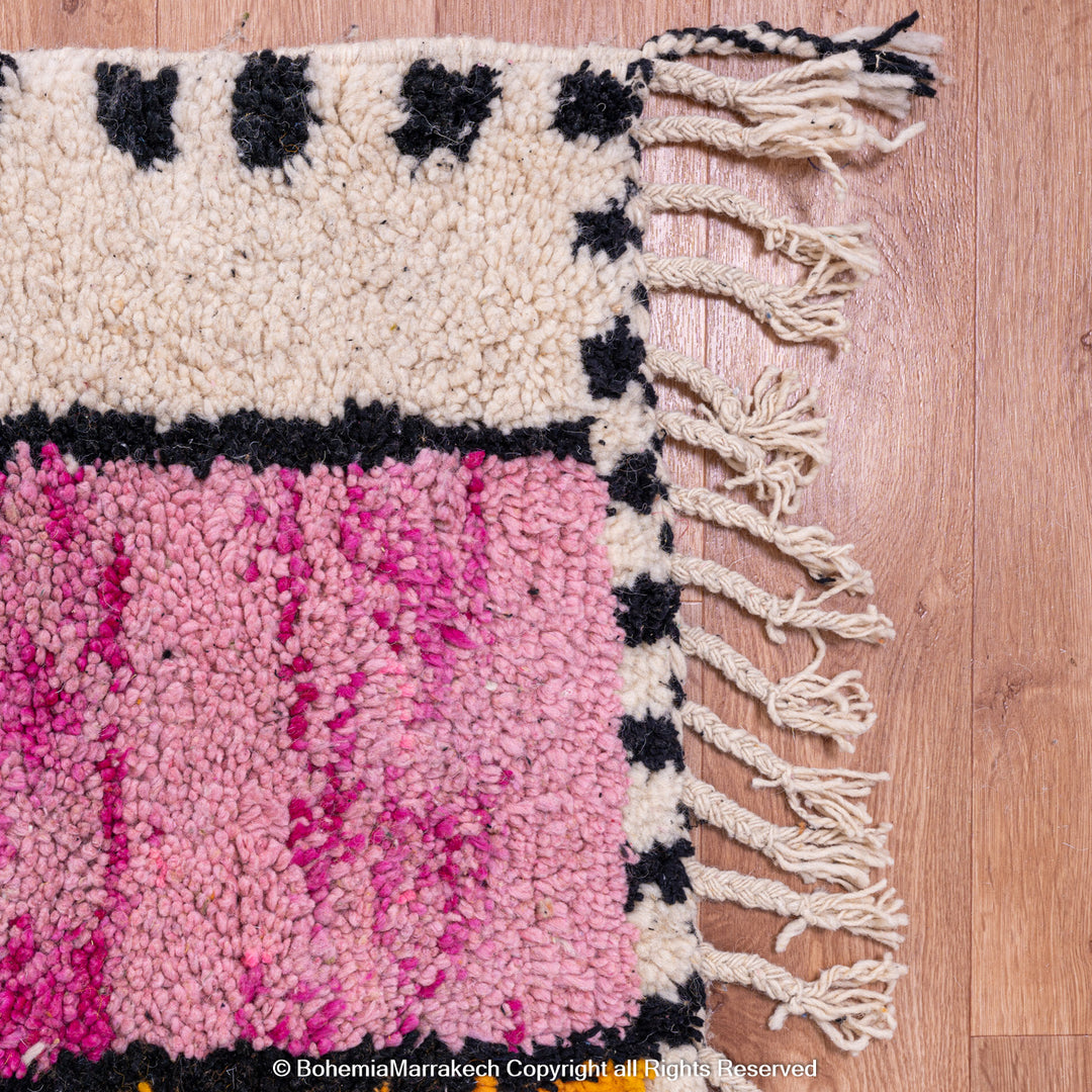 Handmade multicolored Moroccan Boujaad rug with geometric patchwork in wool