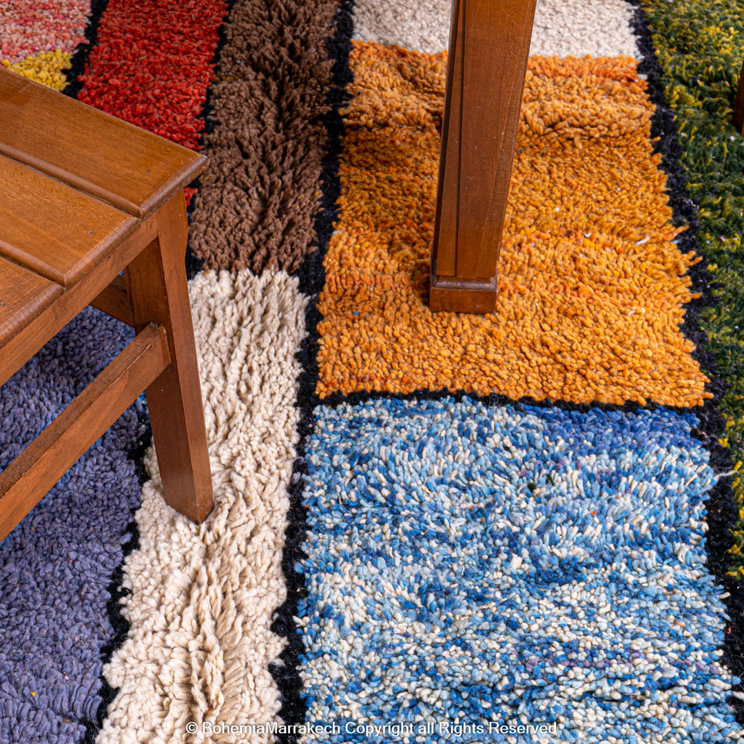 Handmade multicolored Moroccan Boujaad rug with geometric patchwork in wool