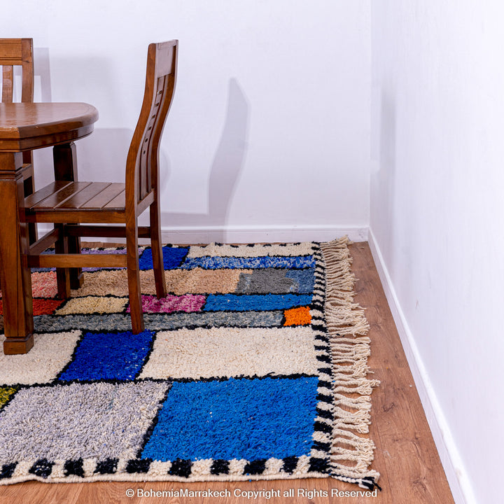 Handmade multicolored Moroccan Boujaad rug with geometric patchwork in wool