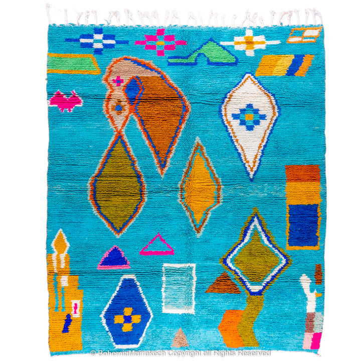 Blue Moroccan Boujaad rug with bold multicolor geometric Berber patterns, handmade in wool