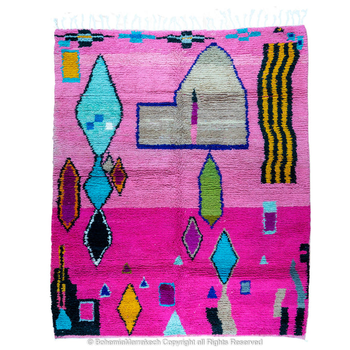 Pink Moroccan Boujaad rug with colorful geometric motifs, handmade in soft wool by Berber artisans
