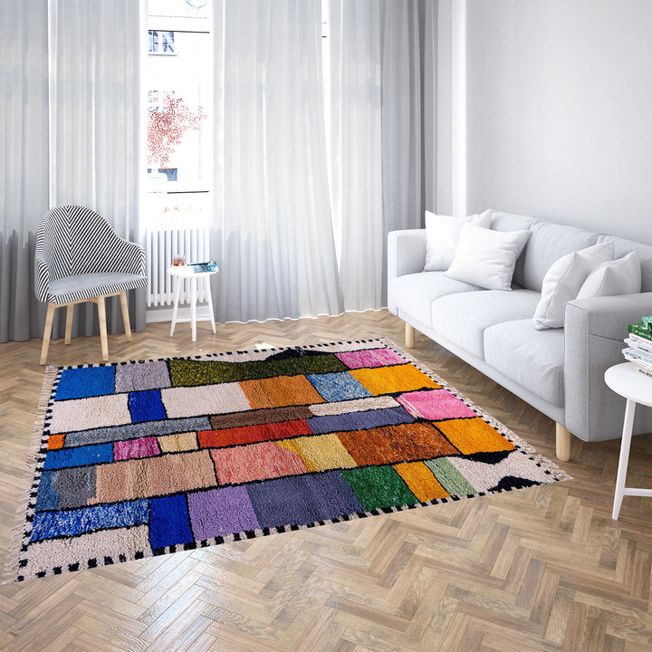 Handmade multicolored Moroccan Boujaad rug with geometric patchwork in wool