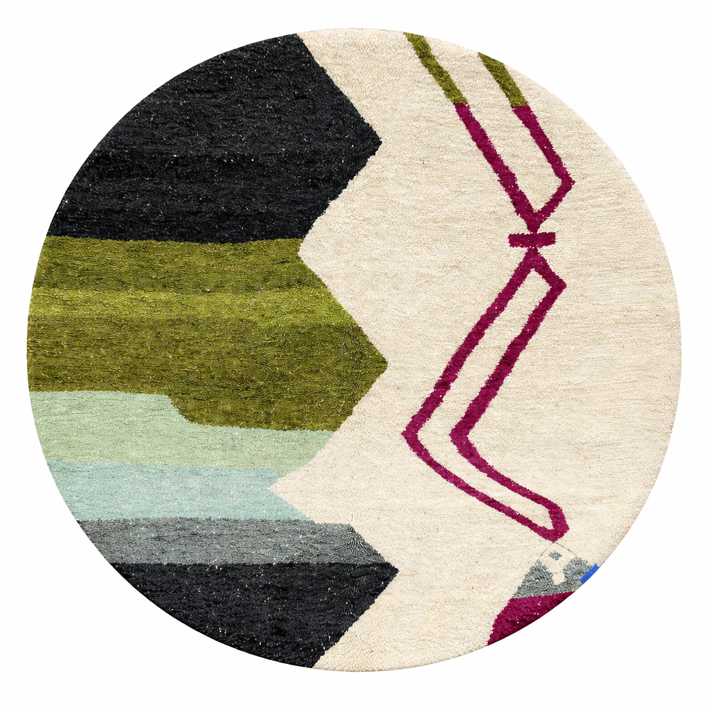 Handmade Moroccan wool rug with abstract Berber-inspired design, earthy tones, and round shape.