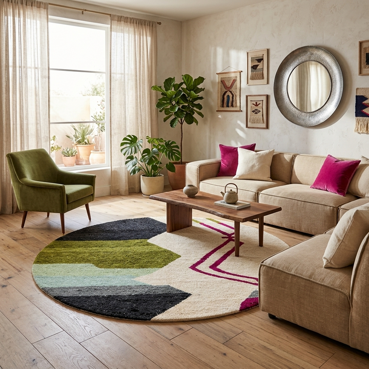 Handmade Moroccan wool rug with abstract Berber-inspired design, earthy tones, and round shape.