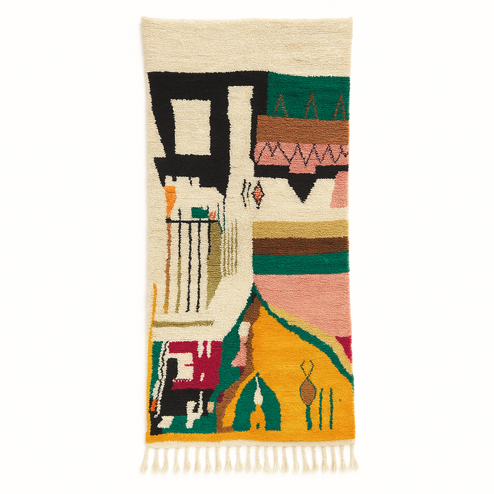 Handmade Moroccan runner rug with colorful abstract village-inspired motifs in mustard, teal, pink, black, and cream, crafted from natural wool.
