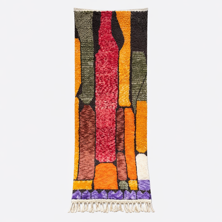 Abstract Moroccan runner rug handmade from wool with vertical color blocks in warm earthy tones