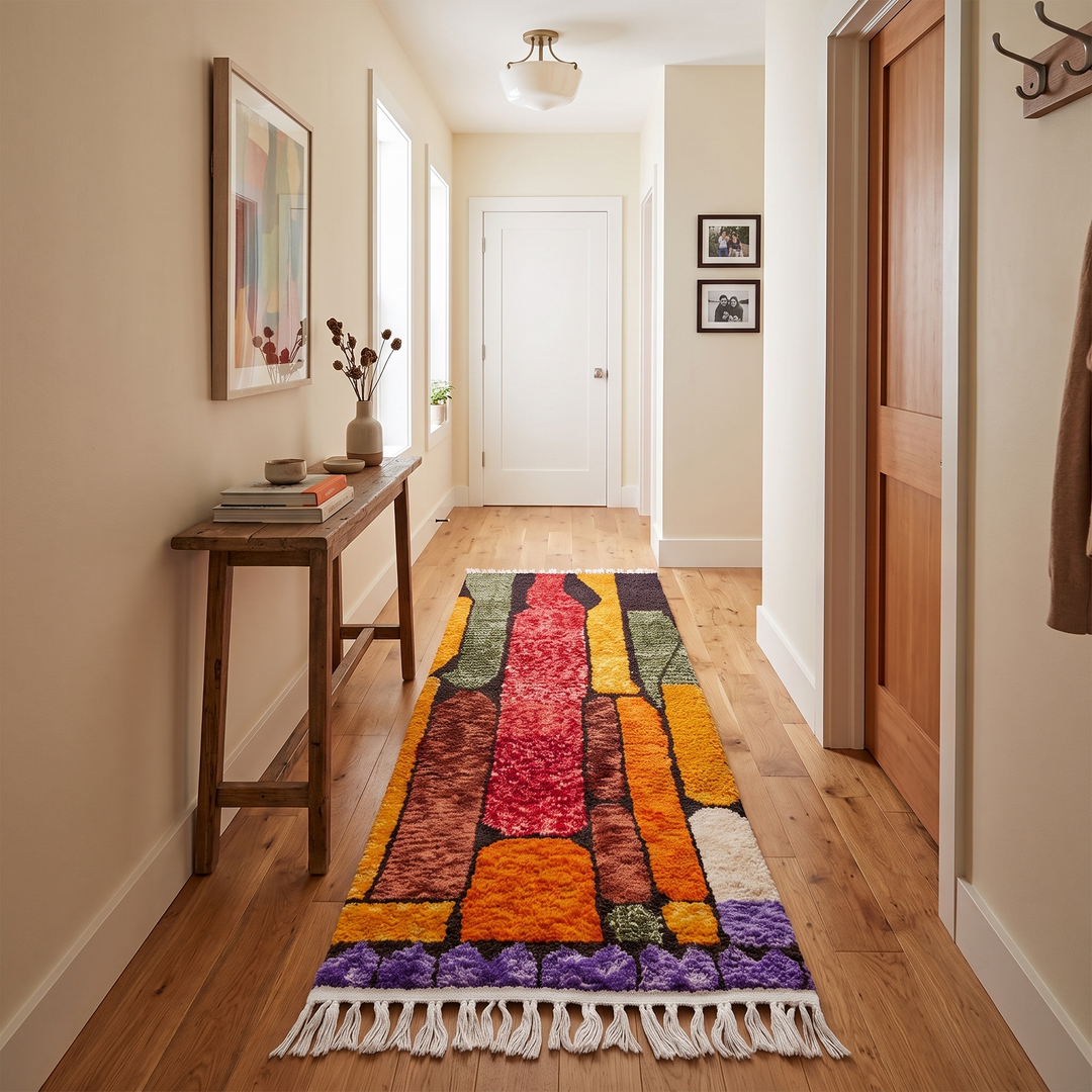 Abstract Moroccan runner rug handmade from wool with vertical color blocks in warm earthy tones