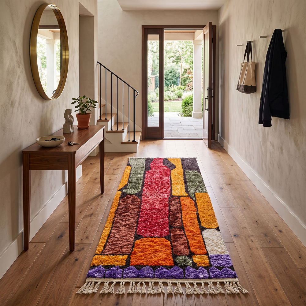 Abstract Moroccan runner rug handmade from wool with vertical color blocks in warm earthy tones