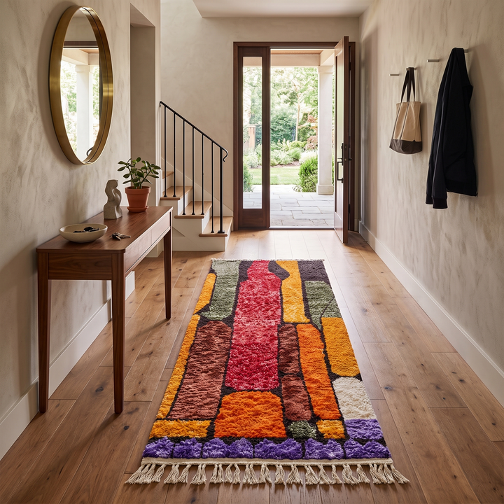 Abstract Moroccan runner rug handmade from wool with vertical color blocks in warm earthy tones