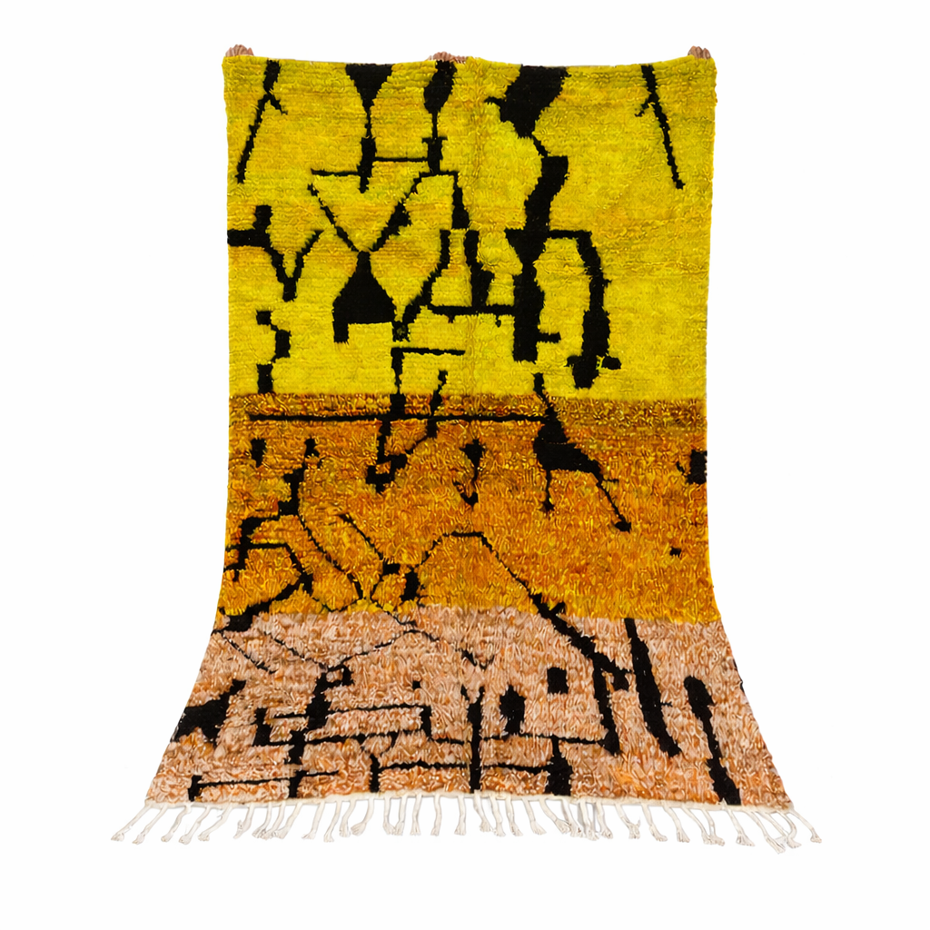 Yellow Moroccan wool rug with abstract Berber design and black line pattern