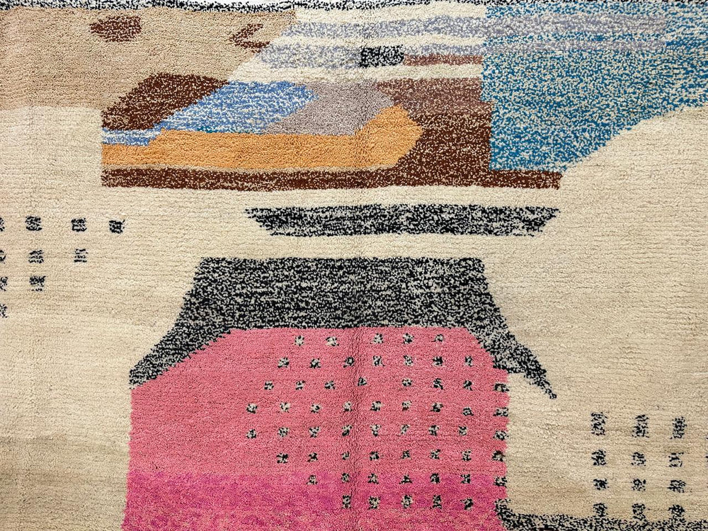 Modern Moroccan abstract wool rug in pink blue and sand tones