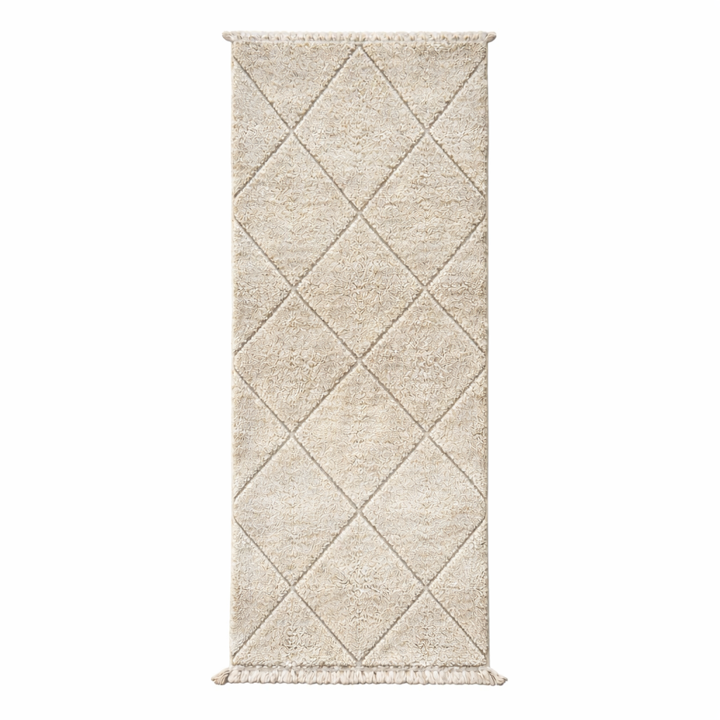Handmade Moroccan Beni Ourain runner rug in natural ivory wool with diamond pattern
