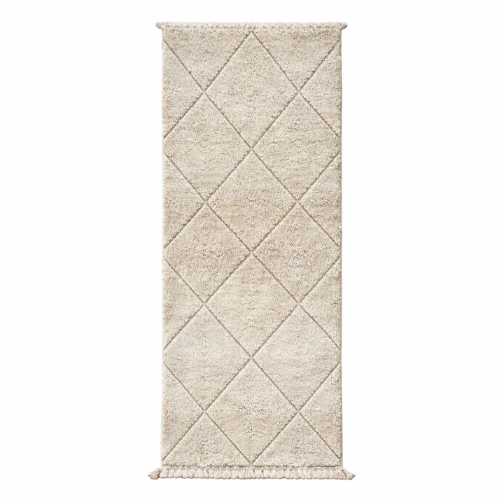 Handmade Moroccan Beni Ourain runner rug in natural ivory wool with diamond pattern