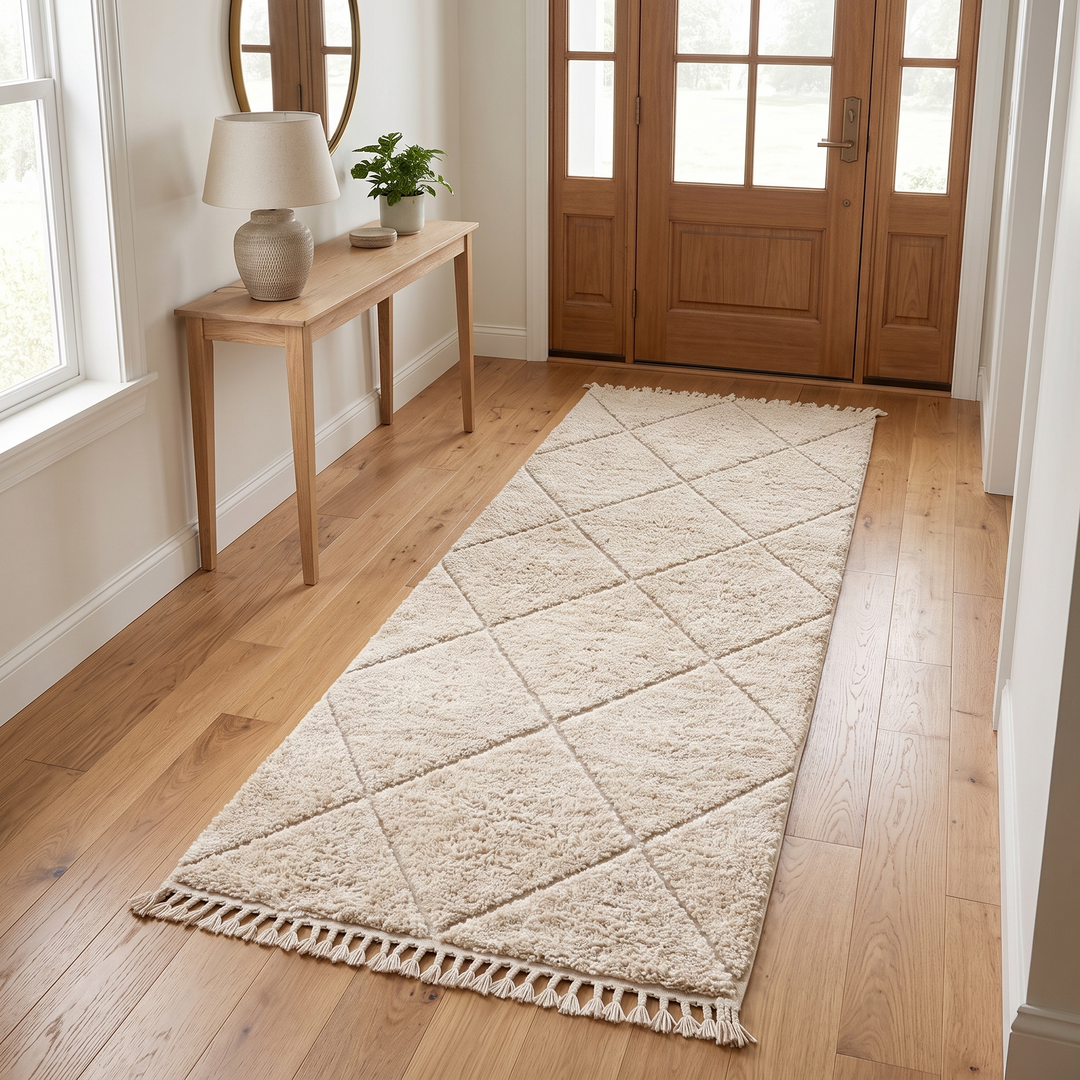 Handmade Moroccan Beni Ourain runner rug in natural ivory wool with diamond pattern