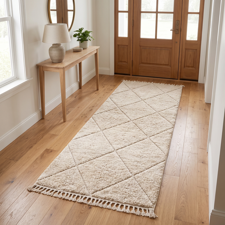 Handmade Moroccan Beni Ourain runner rug in natural ivory wool with diamond pattern