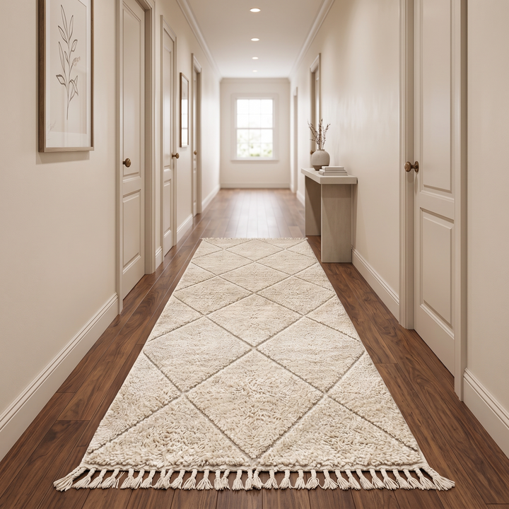 Handmade Moroccan Beni Ourain runner rug in natural ivory wool with diamond pattern